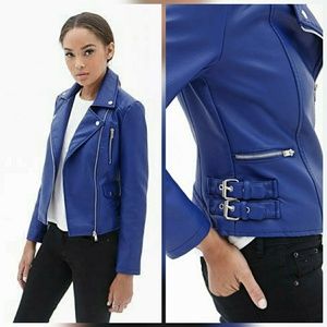 Dark blue vegan leather moto jacket Buckle detail